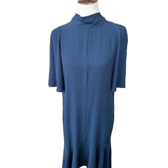 Lewit Women Green Scarab Mock Neck Back Tie Elbow Sleeve Rippling Dress Size 10 - Picture 11 of 16